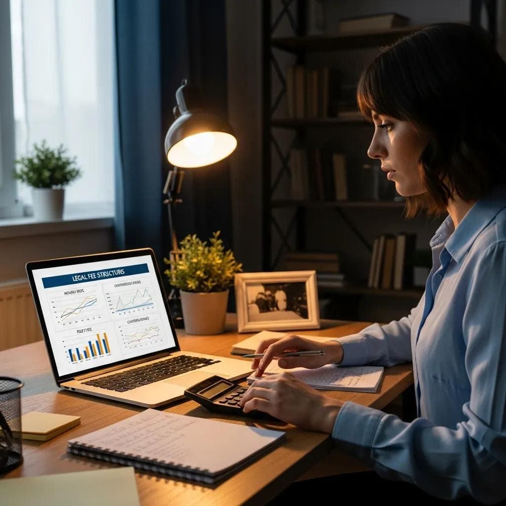 Business owner analyzing legal fee structures on a laptop in a home office