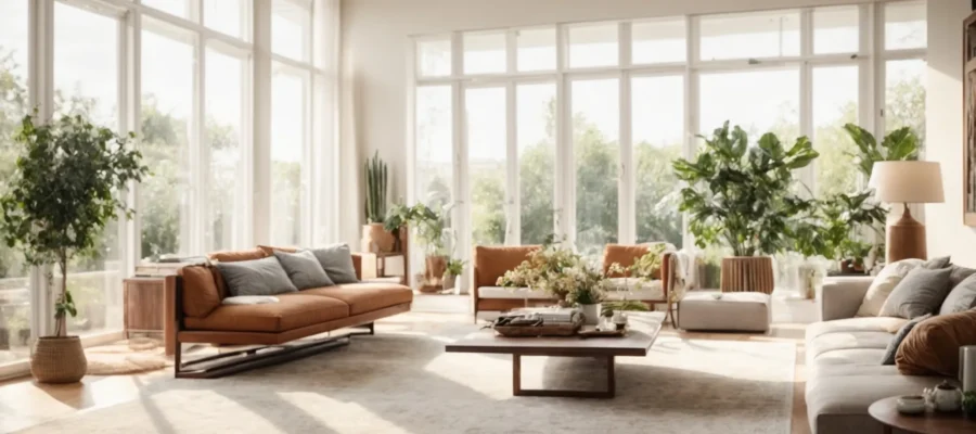 a spacious, sunlight-filled living room, tastefully decorated and impeccably clean, ready for potential homebuyers to explore.