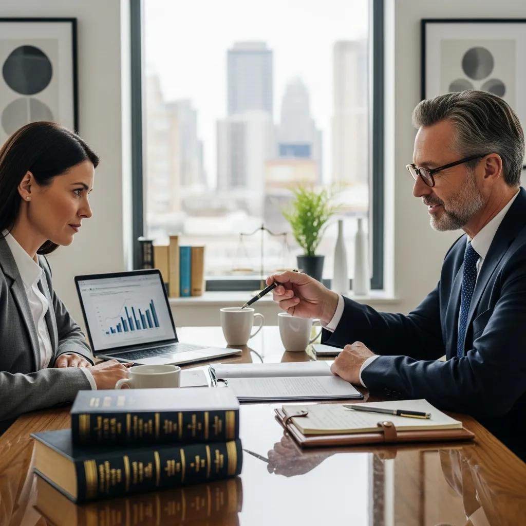 Business owner discussing legal needs with a lawyer in a modern office