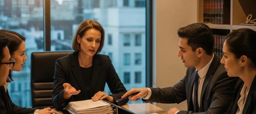 Business professionals consulting with a lawyer in a modern office setting