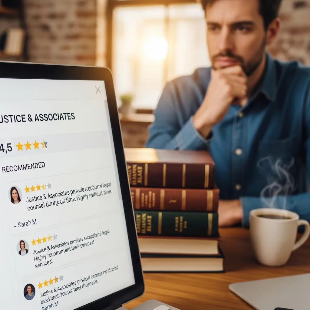 Person reviewing online ratings and testimonials for a law firm