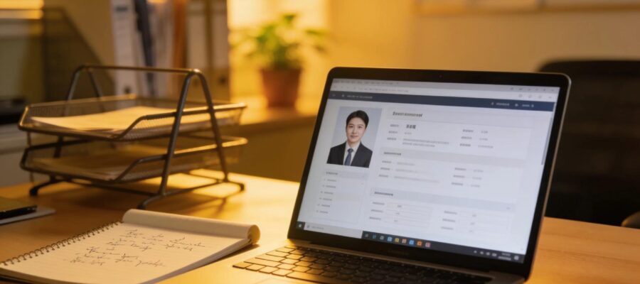 Employer reviewing candidate background check information on a laptop in an office setting