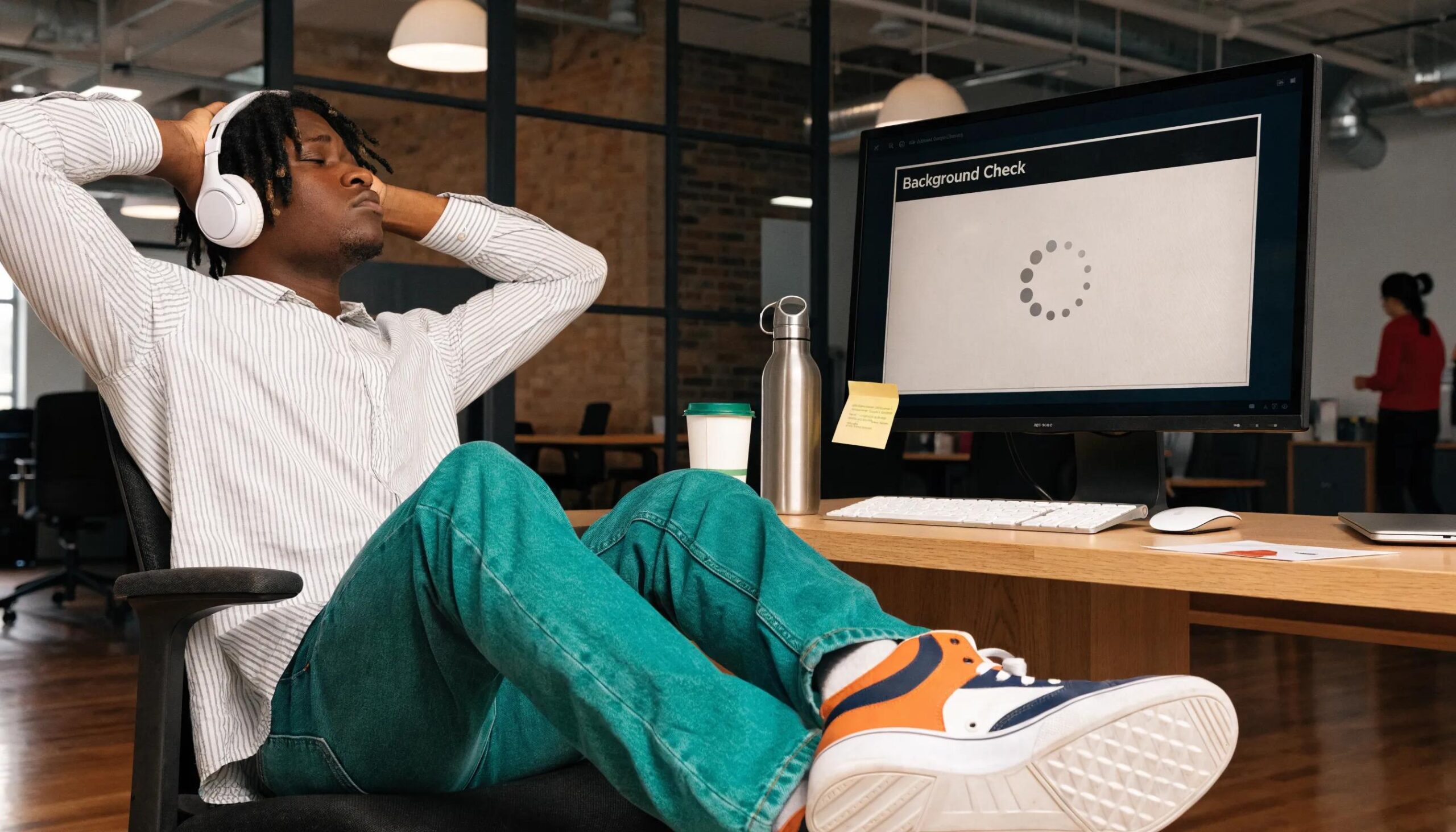Frustrated job applicant waiting for background check results on a computer