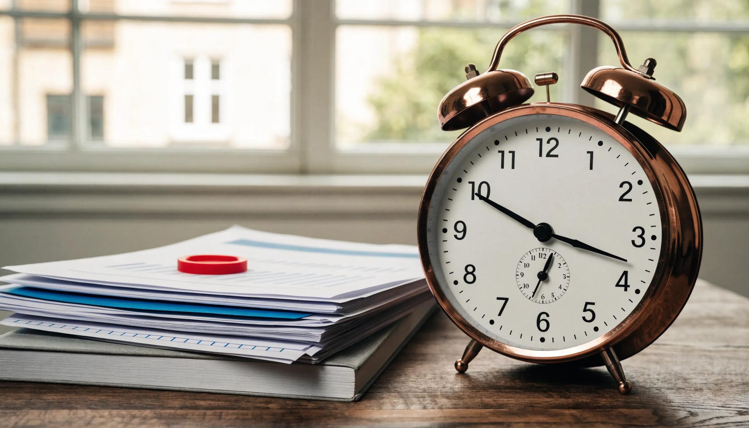 Clock representing time duration for criminal background checks alongside paperwork