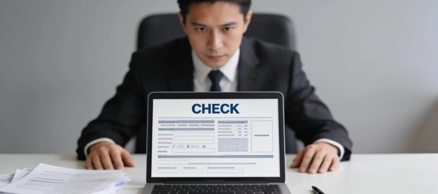 Employer analyzing background check documents on a laptop in a professional environment