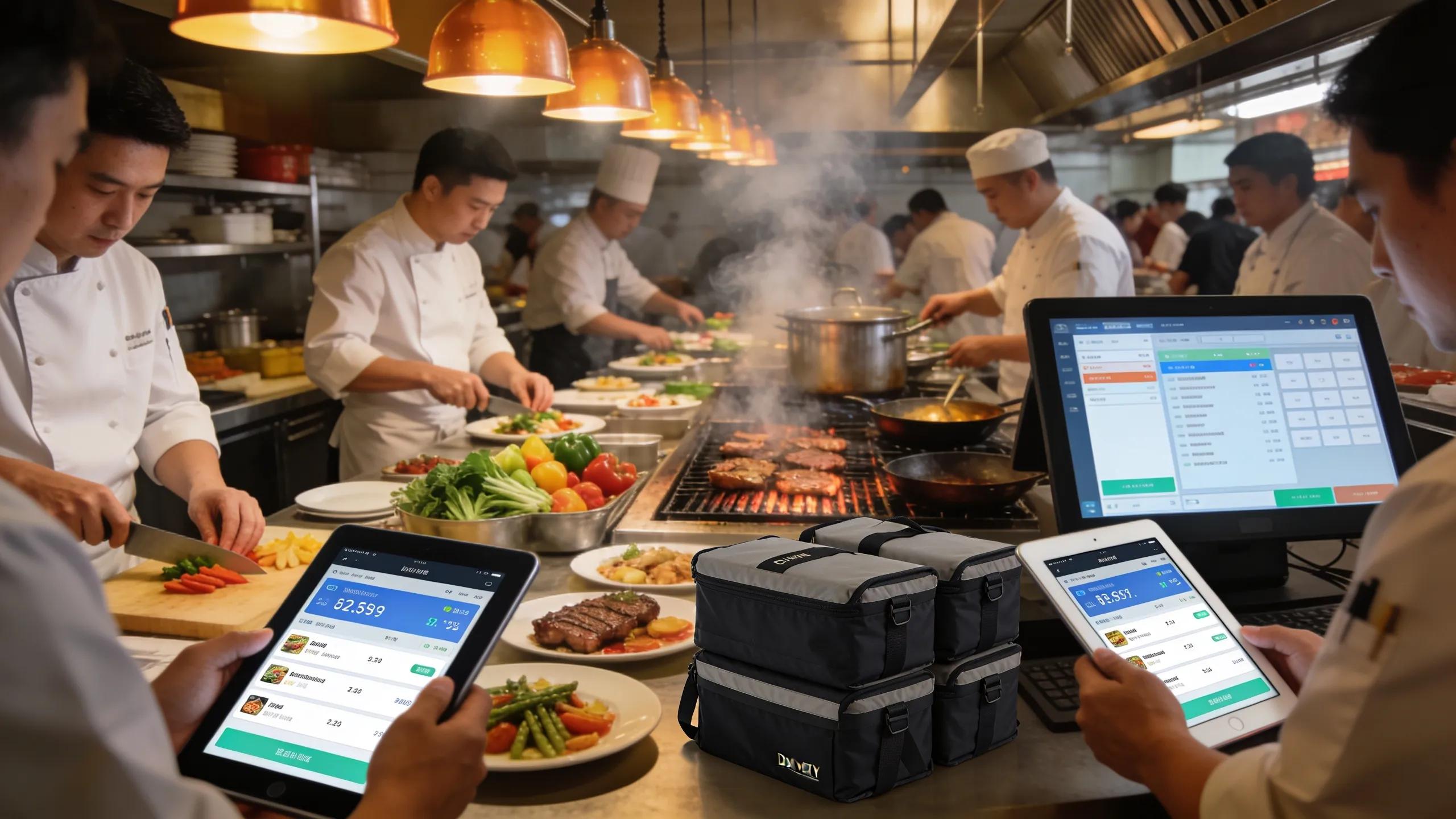Chefs in a busy restaurant showcasing technology in action